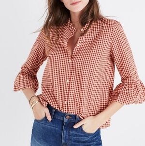 Madewell Black & White Gingham Print Button Front Ruffled Bell Sleeve Shirt